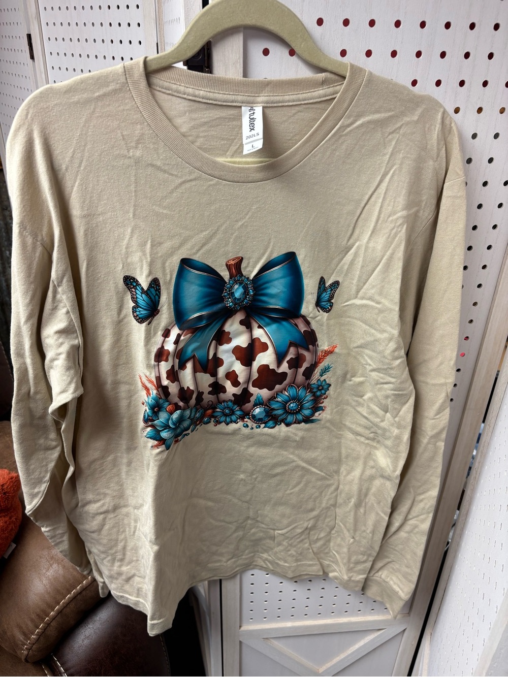 Tultex Cream Long-Sleeve Tee with Teal Bow Pumpkin Graphic